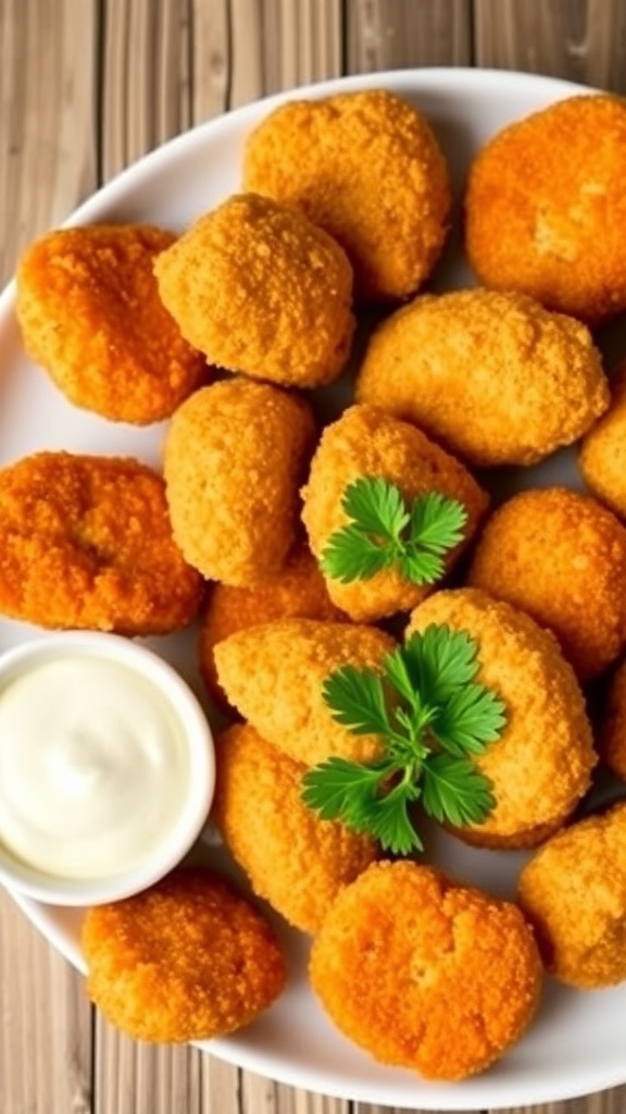 Crispy quinoa chicken nuggets on a plate with dipping sauce and parsley garnish.